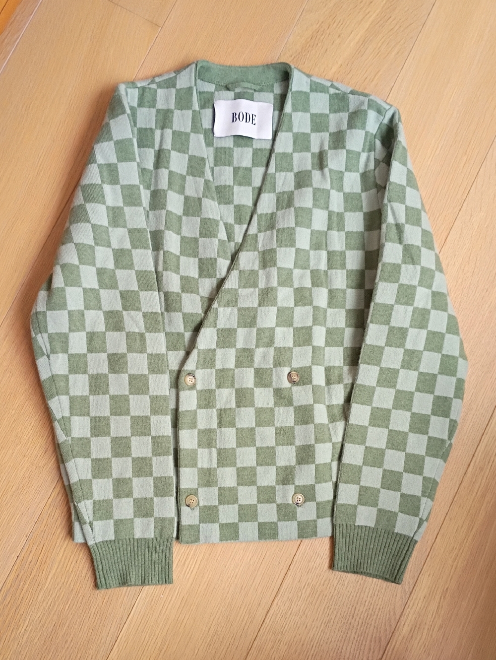Boden Sage and Light Green Checkerboard Wool Cardigan
